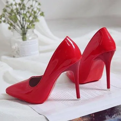 Nude Color Small Fresh High Heels Patent Leather Stiletto Single Shoes Korean Sexy Pointed Pumps Black Professional Work Shoes