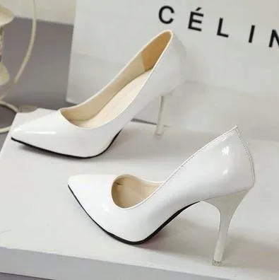 Nude Color Small Fresh High Heels Patent Leather Stiletto Single Shoes Korean Sexy Pointed Pumps Black Professional Work Shoes