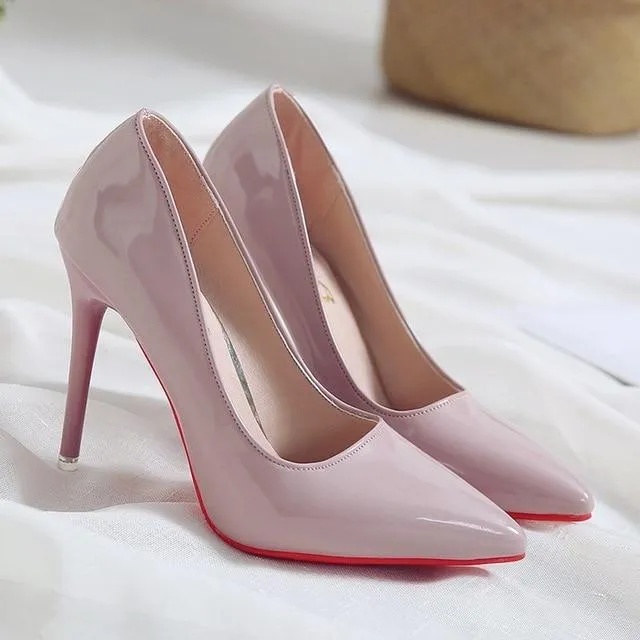 Nude Color Small Fresh High Heels Patent Leather Stiletto Single Shoes Korean Sexy Pointed Pumps Black Professional Work Shoes