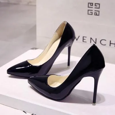 Nude Color Small Fresh High Heels Patent Leather Stiletto Single Shoes Korean Sexy Pointed Pumps Black Professional Work Shoes