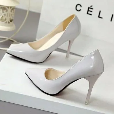 Nude Color Small Fresh High Heels Patent Leather Stiletto Single Shoes Korean Sexy Pointed Pumps Black Professional Work Shoes
