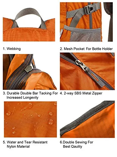 ORICSSON Men and Women Foldable Outdoor Tear and Water Resistant Backpack Daypack,Orange 35L