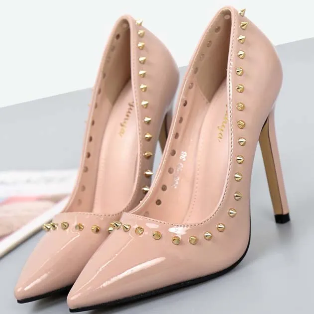 Point Toe Ankle Stiletto Heel Leather Rivet Pumps