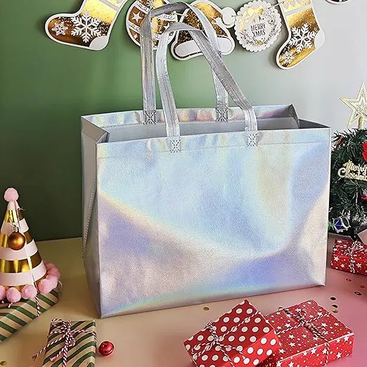 Reusable Extra Large Gift Bags - 16x12 Iridescent Shiny Holographic Boutique Bags with Handles - XL Gift Bags - Perfect for Small Business 16x6x12nches - Eco Friendly