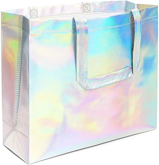 Reusable Extra Large Gift Bags - 16x12 Iridescent Shiny Holographic Boutique Bags with Handles - XL Gift Bags - Perfect for Small Business 16x6x12nches - Eco Friendly