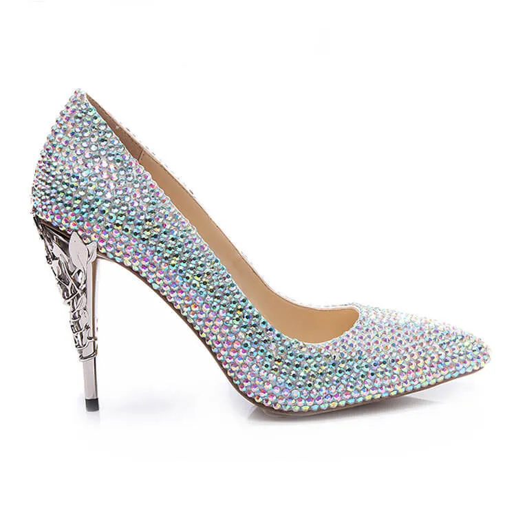 Rhinestone Leather Point Toe Solid Pumps