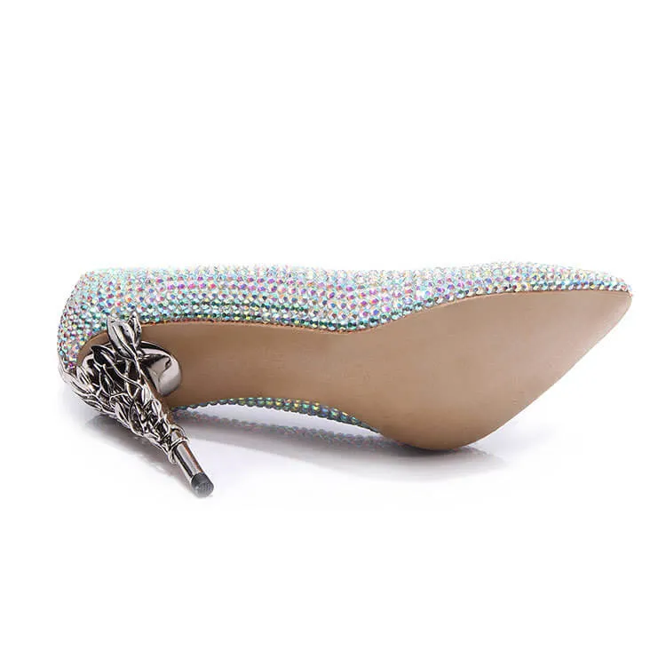 Rhinestone Leather Point Toe Solid Pumps