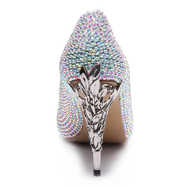 Rhinestone Leather Point Toe Solid Pumps