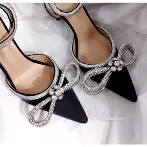 Satin Rhinestone Bowknot Leather Pumps