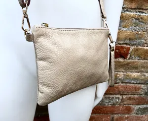 Small leather bag in BEIGE .Cross body, shoulder bag or wristlet in GENUINE  leather. Golden leather bag with adjustable strap.Beige purse
