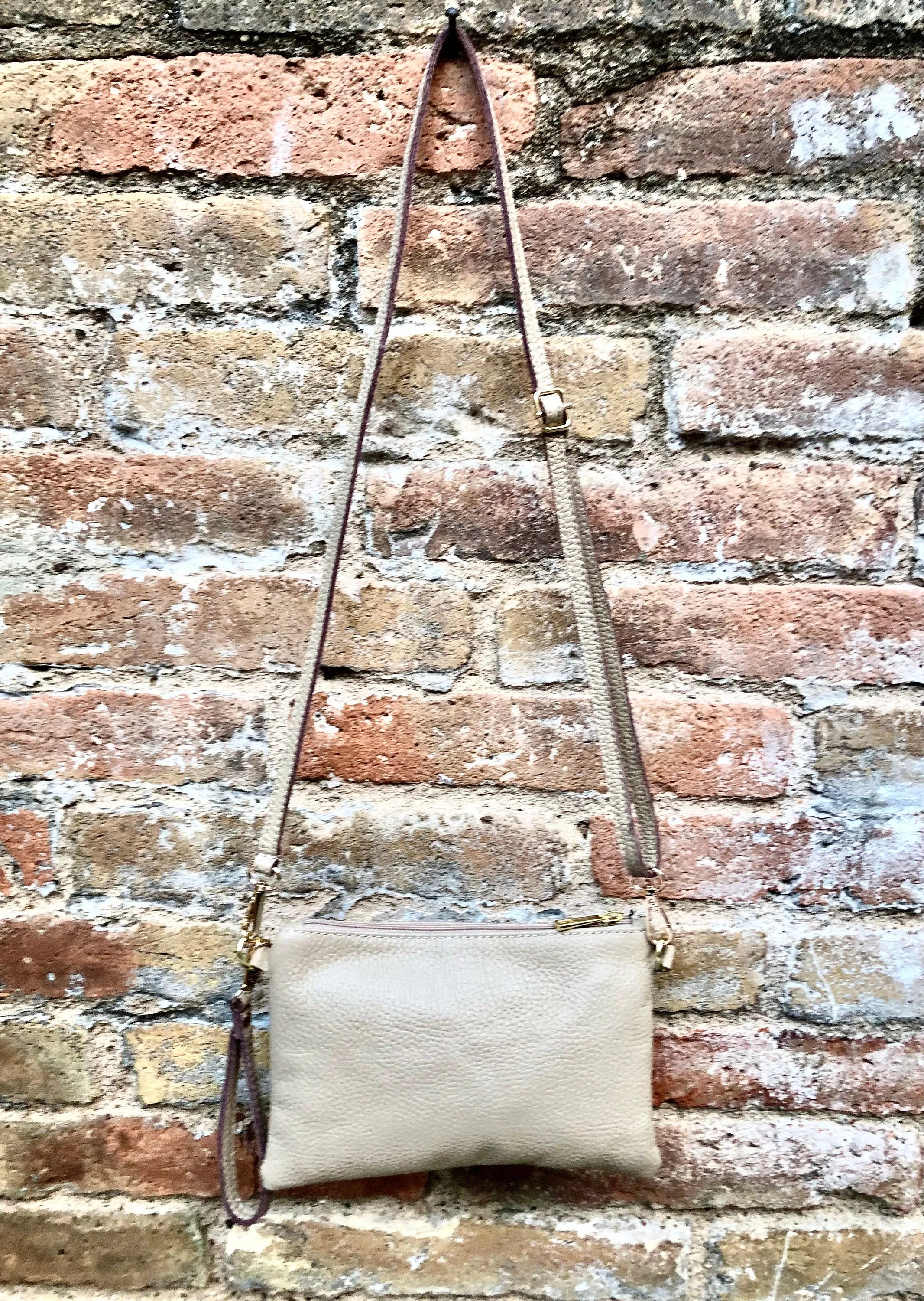 Small leather bag in BEIGE .Cross body, shoulder bag or wristlet in GENUINE  leather. Golden leather bag with adjustable strap.Beige purse