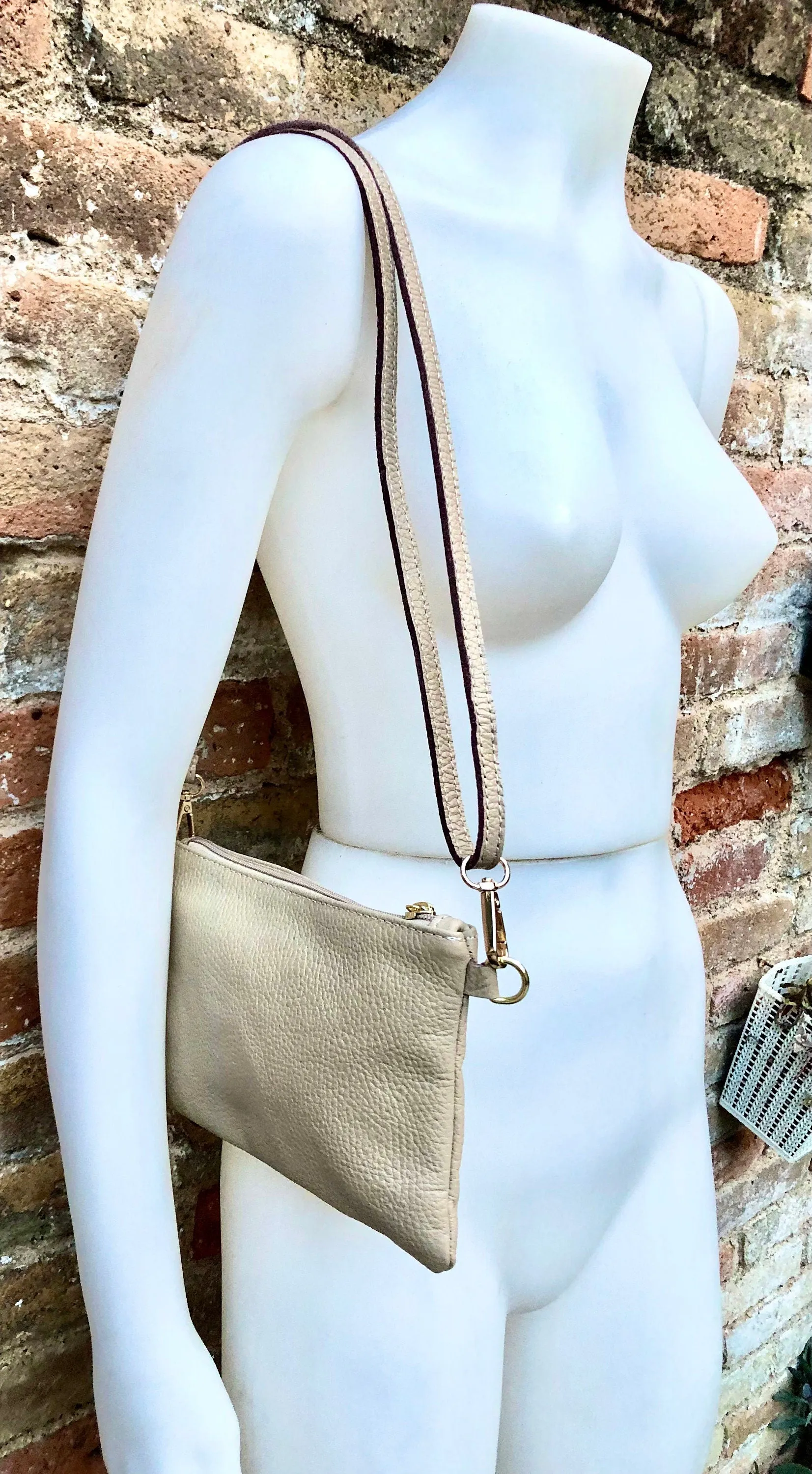 Small leather bag in BEIGE .Cross body, shoulder bag or wristlet in GENUINE  leather. Golden leather bag with adjustable strap.Beige purse