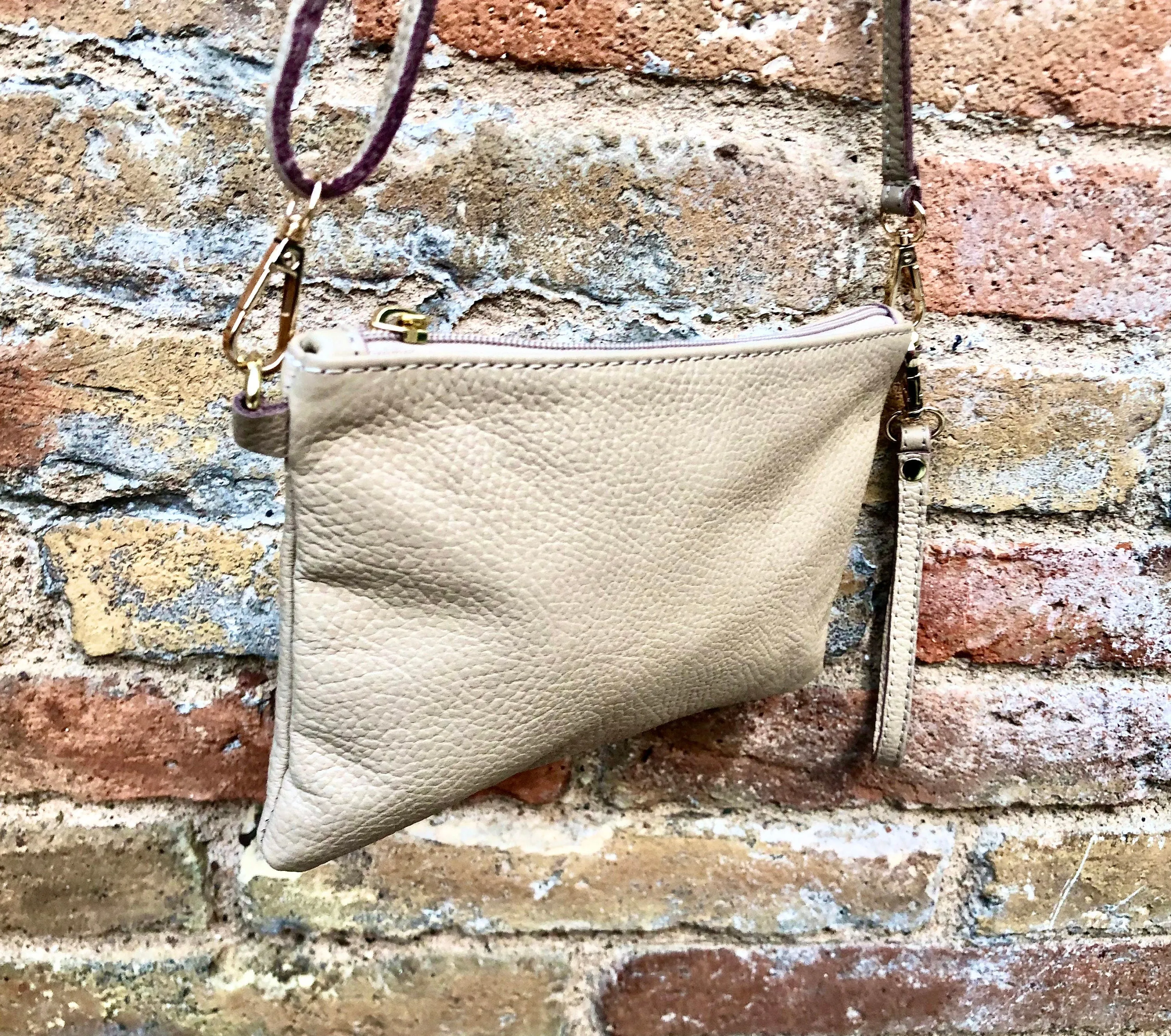 Small leather bag in BEIGE .Cross body, shoulder bag or wristlet in GENUINE  leather. Golden leather bag with adjustable strap.Beige purse