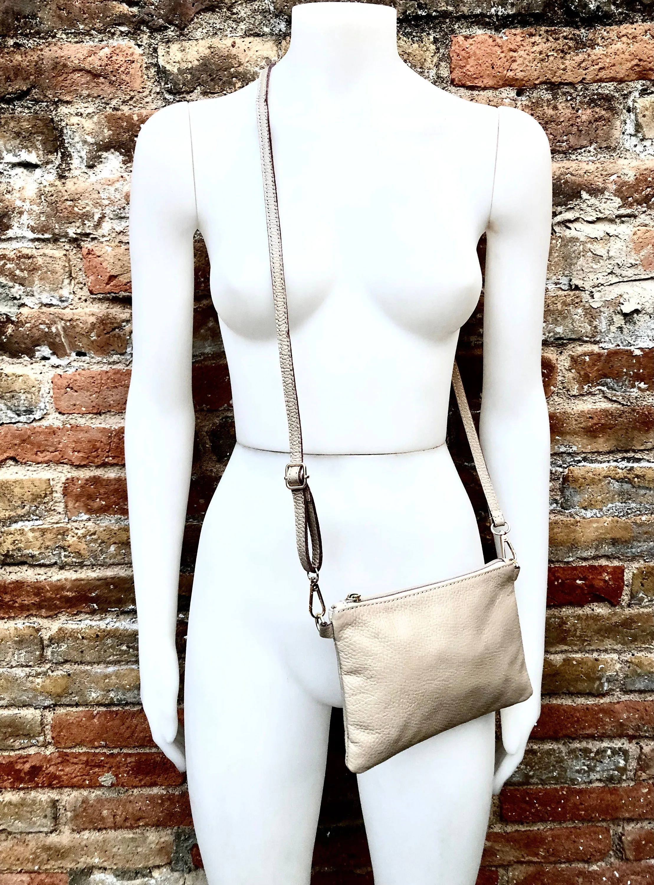 Small leather bag in BEIGE .Cross body, shoulder bag or wristlet in GENUINE  leather. Golden leather bag with adjustable strap.Beige purse