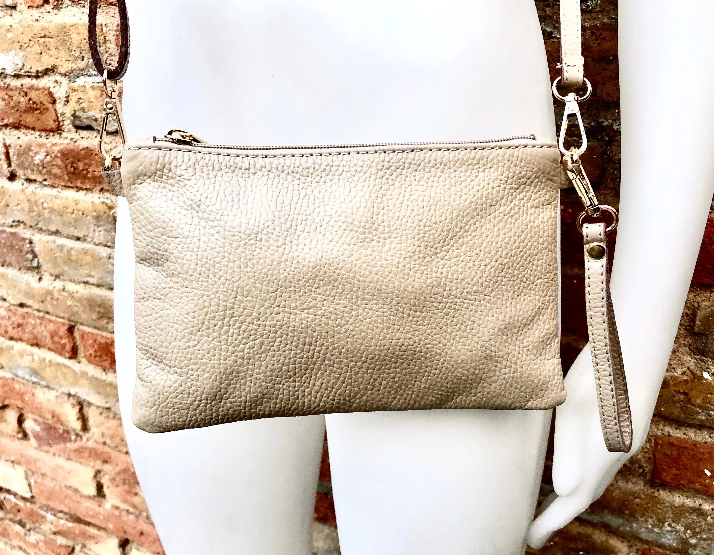 Small leather bag in BEIGE .Cross body, shoulder bag or wristlet in GENUINE  leather. Golden leather bag with adjustable strap.Beige purse