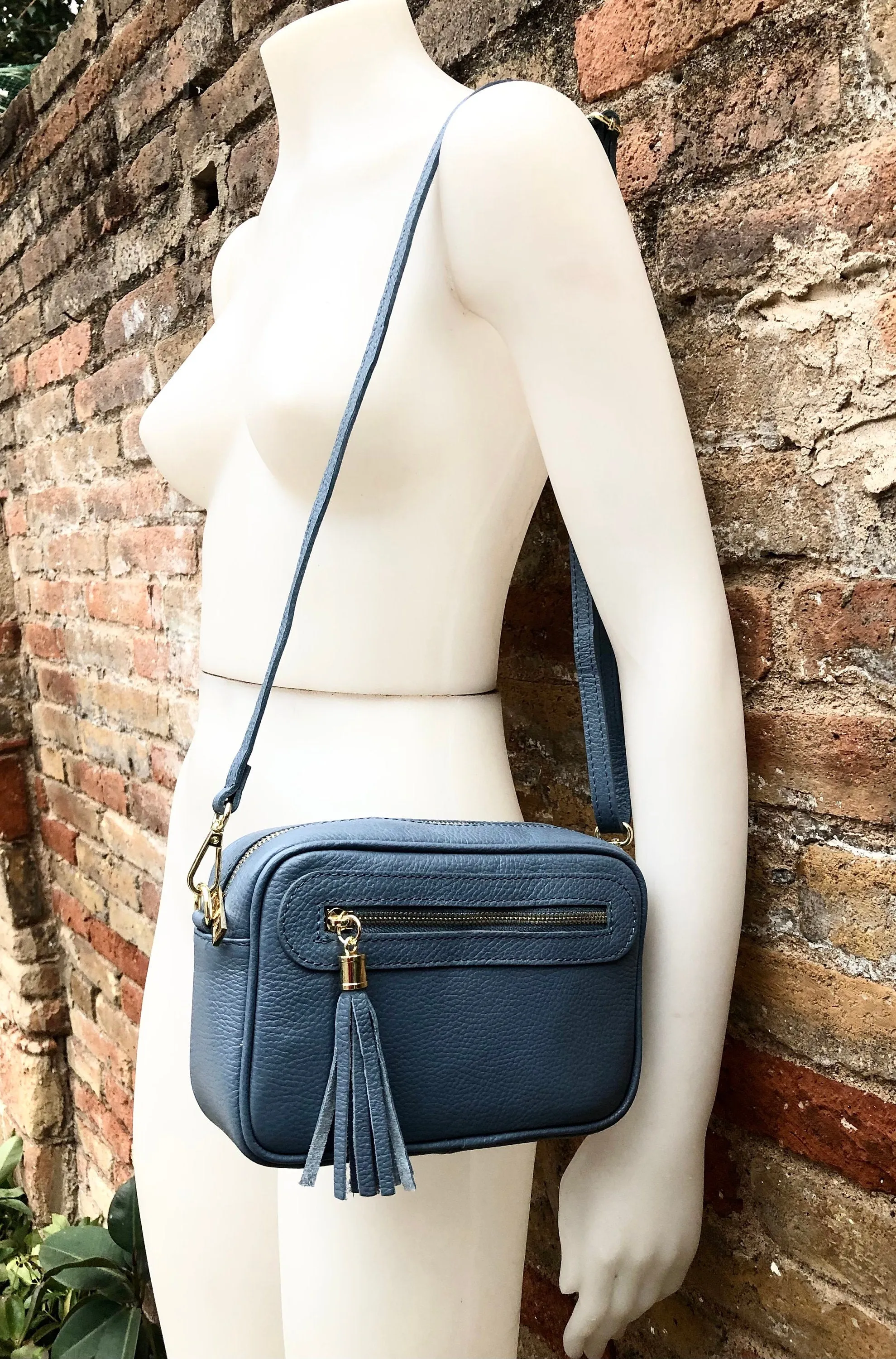Small leather bag in BLUE.  Cross body bag, shoulder bag in GENUINE  leather. BLUE bag with adjustable strap and zippers. Gold accents.