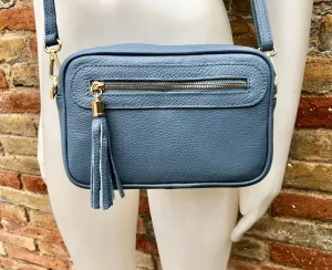 Small leather bag in BLUE.  Cross body bag, shoulder bag in GENUINE  leather. BLUE bag with adjustable strap and zippers. Gold accents.