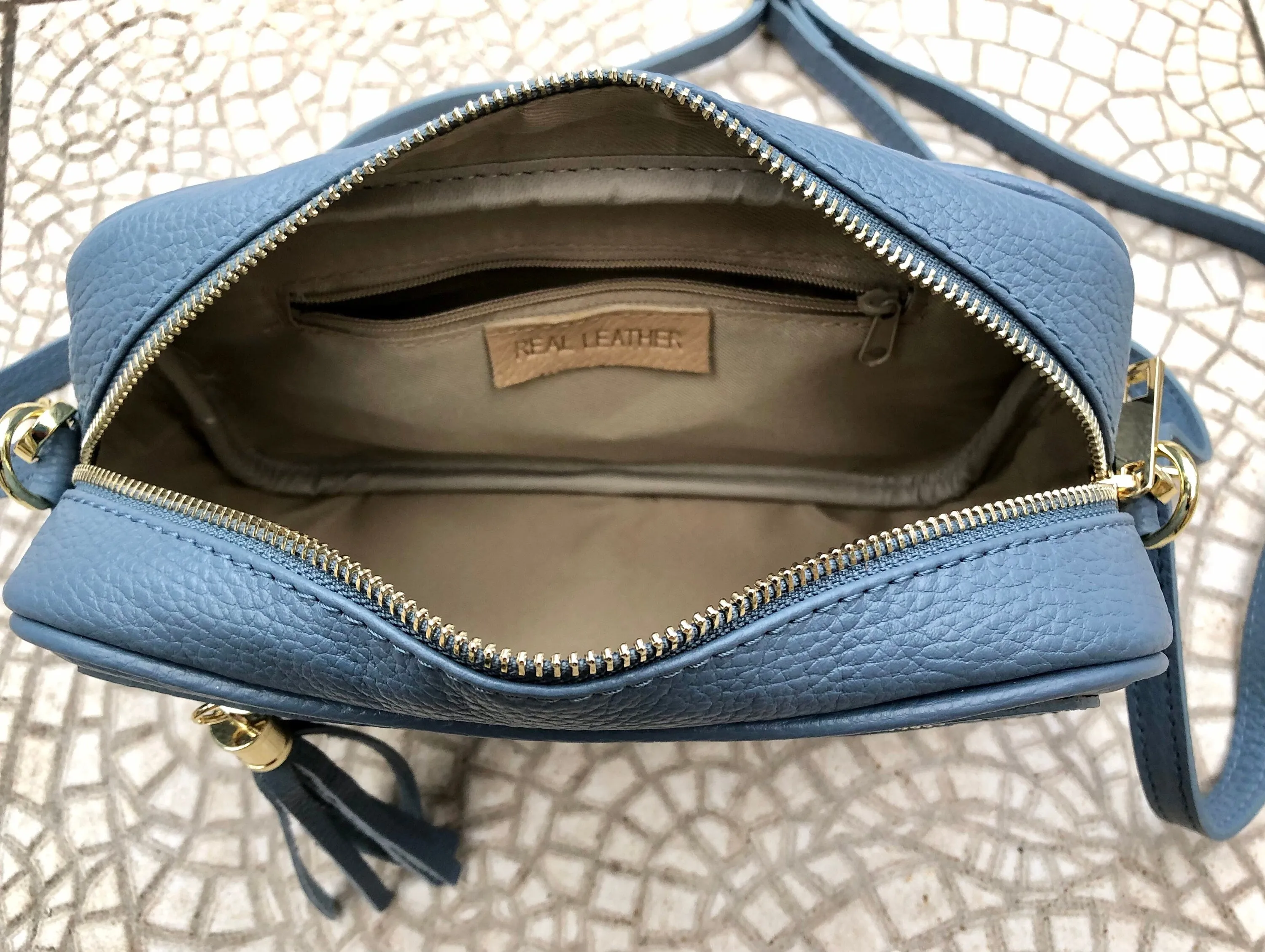 Small leather bag in BLUE.  Cross body bag, shoulder bag in GENUINE  leather. BLUE bag with adjustable strap and zippers. Gold accents.