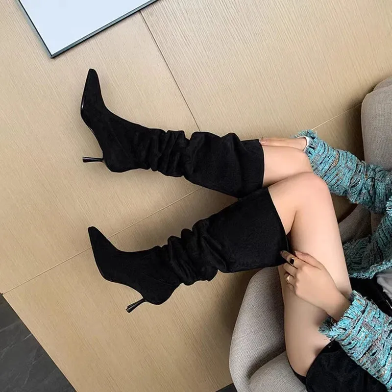 Sohiwoo Retro Pleated Knee High Cowboy Boots for Women Autumn High Heels Pointed Toe Western Boots Woman Brown Long Botas Feminina