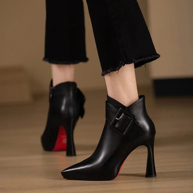 Sohiwoo Women's Elegant High Heels Ankle Boots 2024 Spring Belt Buckle Pu Leather Short Boots Woman Plus Size 43 Thin Heeled Party Shoes