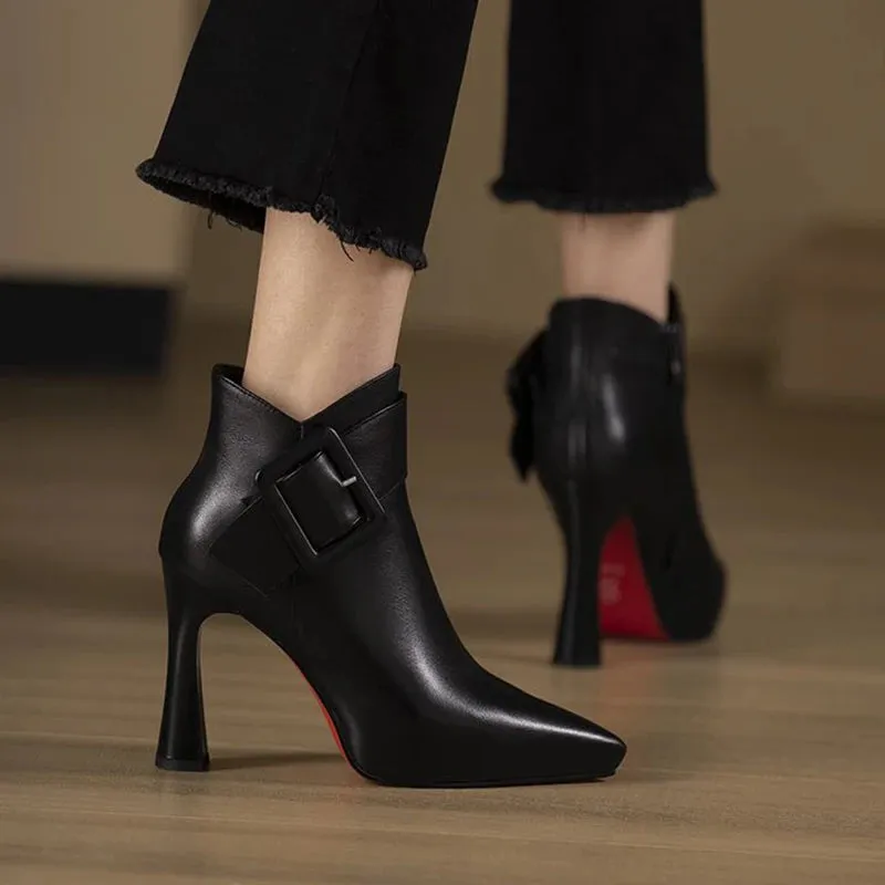Sohiwoo Women's Elegant High Heels Ankle Boots 2024 Spring Belt Buckle Pu Leather Short Boots Woman Plus Size 43 Thin Heeled Party Shoes