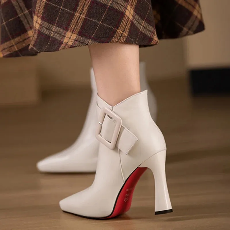 Sohiwoo Women's Elegant High Heels Ankle Boots 2024 Spring Belt Buckle Pu Leather Short Boots Woman Plus Size 43 Thin Heeled Party Shoes