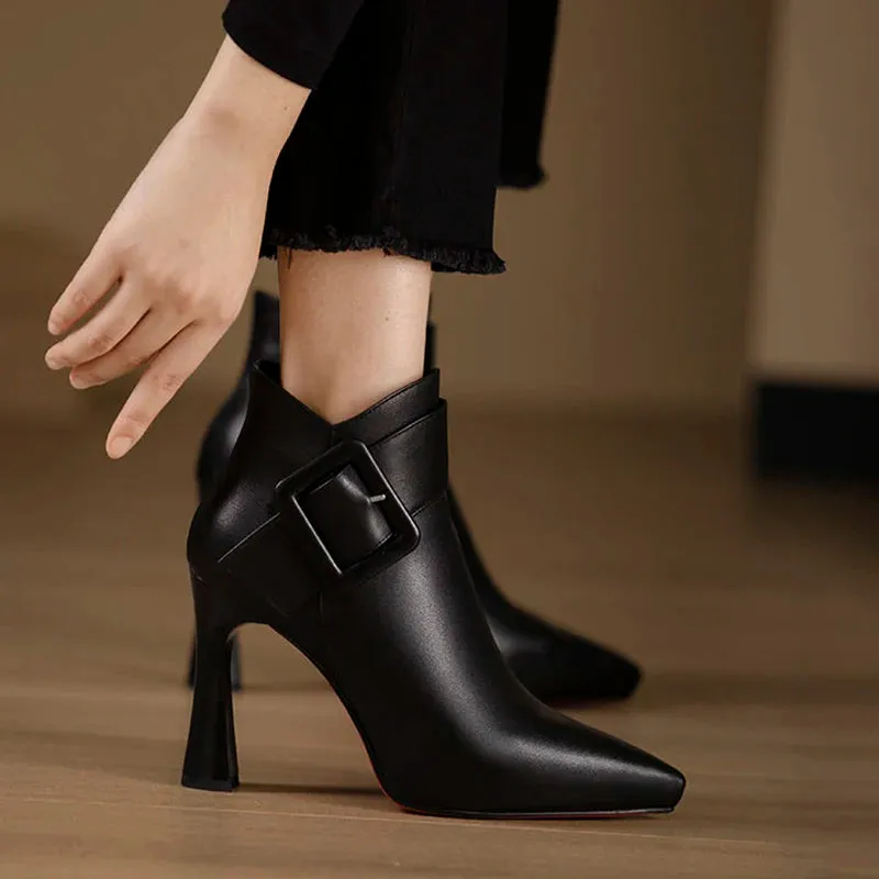 Sohiwoo Women's Elegant High Heels Ankle Boots 2024 Spring Belt Buckle Pu Leather Short Boots Woman Plus Size 43 Thin Heeled Party Shoes