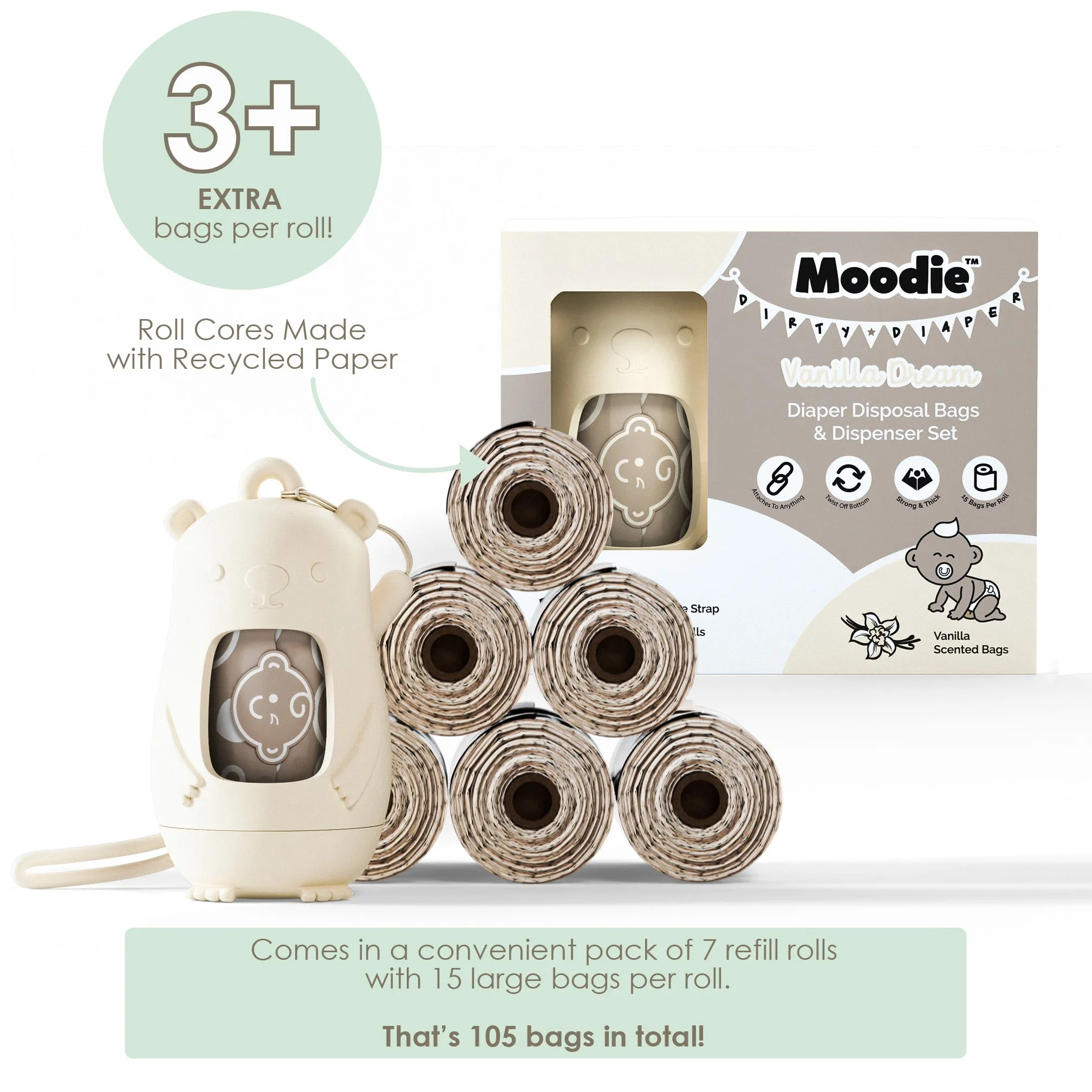 Teddy Bear Disposable Diaper Bags Dispenser COMBO PACK | 105 VANILLA SCENTED Baby Poop Bags TOTAL & 1x Dispenser (VANILLA DREAM)