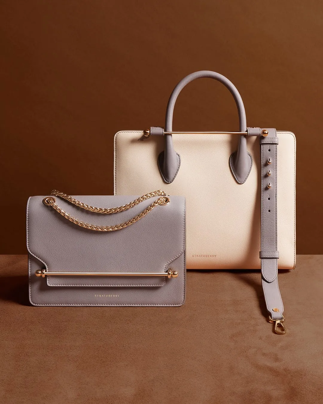 The Strathberry Midi Tote - Vanilla/Frost Grey with Grey Stitch