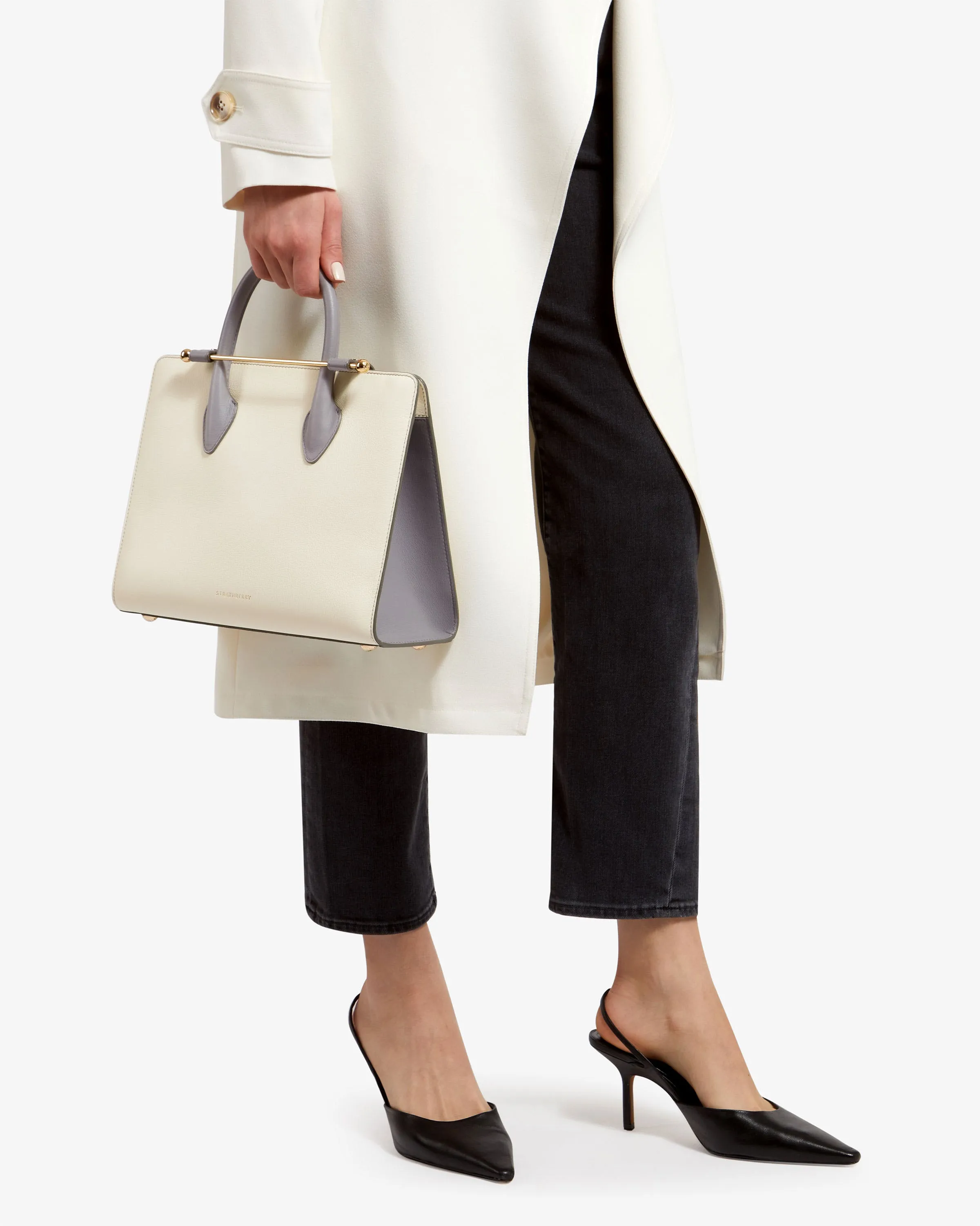 The Strathberry Midi Tote - Vanilla/Frost Grey with Grey Stitch