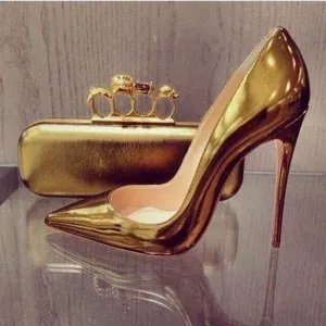 Toleet Gold Metallic Heels Pointy Toe Stiletto Office Pumps for Women