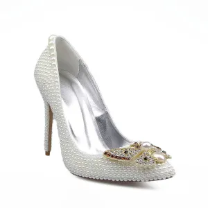 White Wedding Ankle Stiletto Heel Point Toe Pumps
