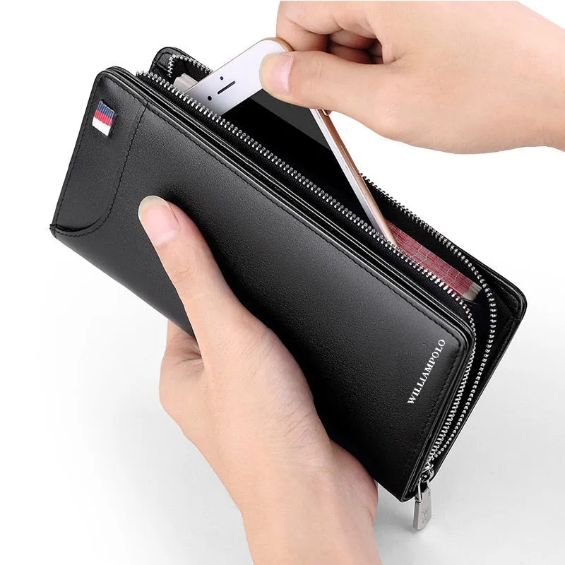 WILLIAMPOLO Men Wallets Genuine Cow Leather Long Clutch Zipper Wallets