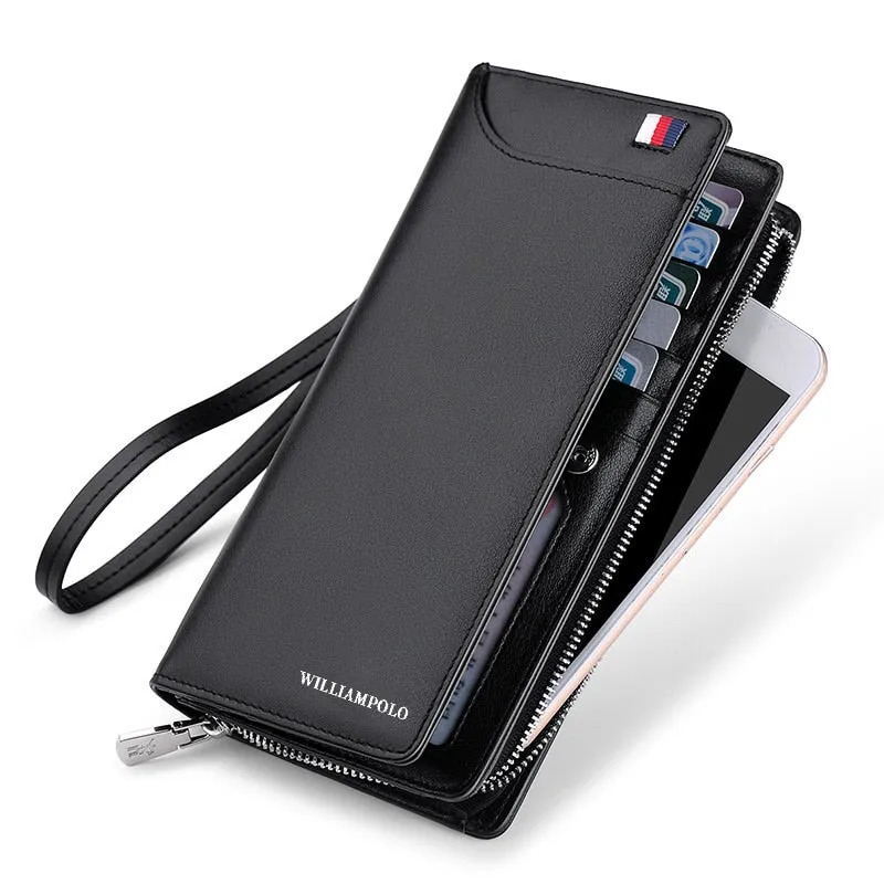 WILLIAMPOLO Men Wallets Genuine Cow Leather Long Clutch Zipper Wallets