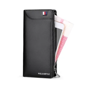 WILLIAMPOLO Men Wallets Genuine Cow Leather Long Clutch Zipper Wallets
