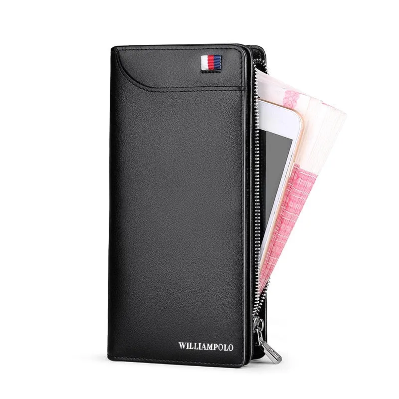 WILLIAMPOLO Men Wallets Genuine Cow Leather Long Clutch Zipper Wallets