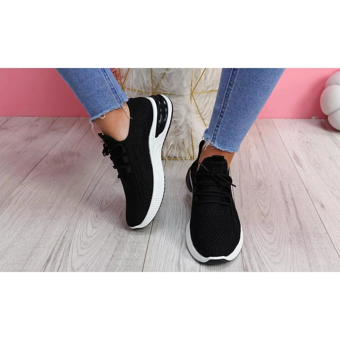 Women's Black Sport Chunky Heel Slip-On Trainers