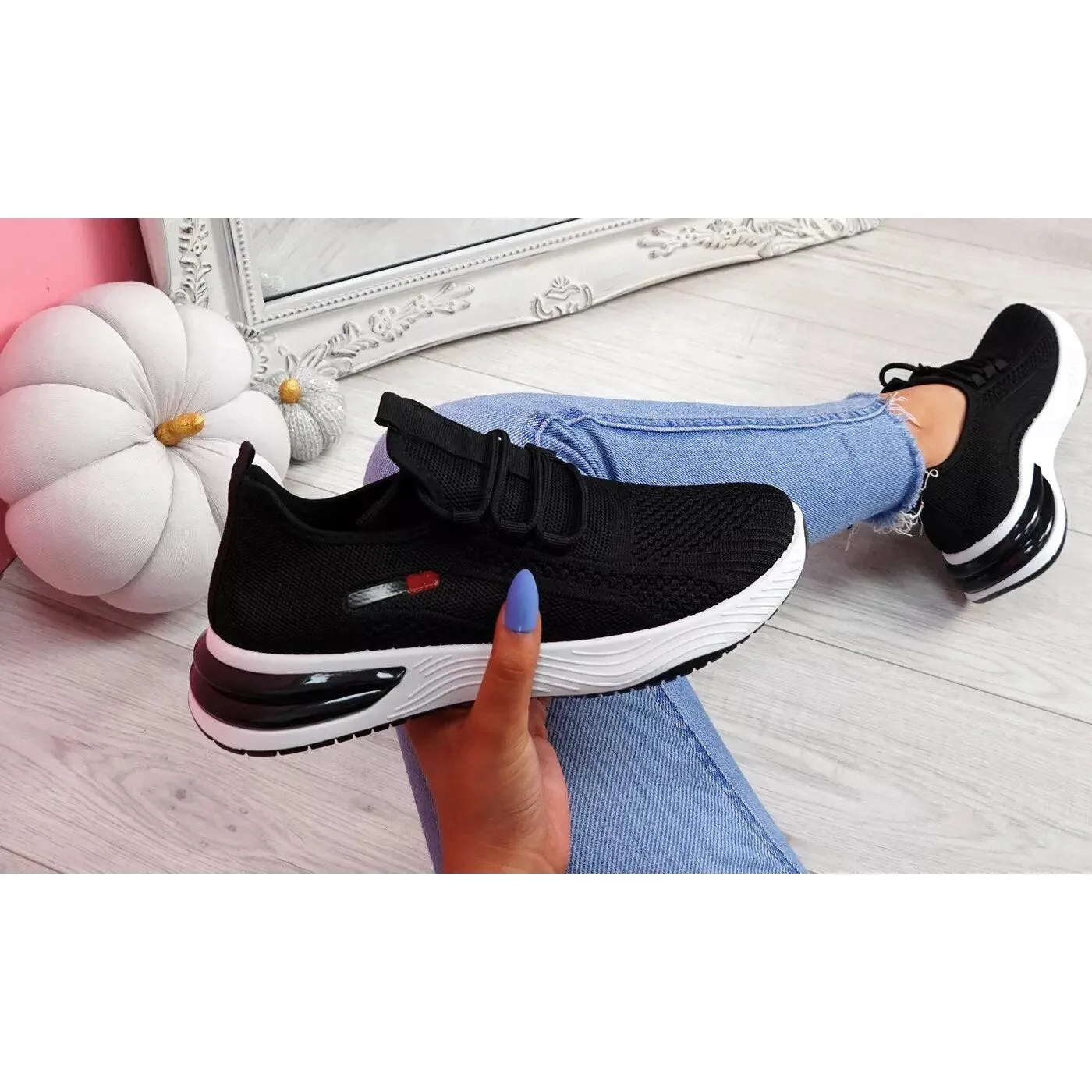 Women's Black Sport Chunky Heel Slip-On Trainers