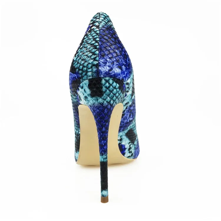Womens Blue Snake Printed High Heels 12cm/10cm/8cm Pointed Toe Pumps