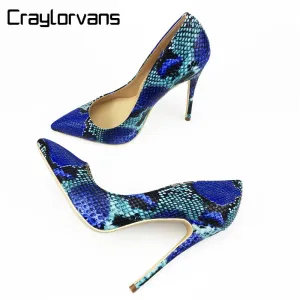 Womens Blue Snake Printed High Heels 12cm/10cm/8cm Pointed Toe Pumps