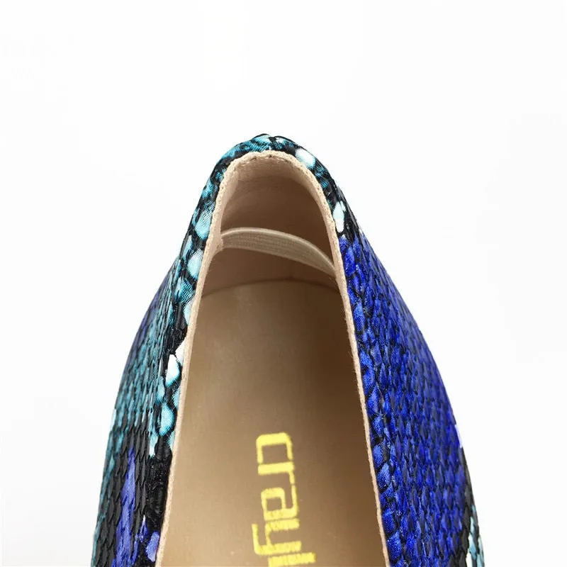 Womens Blue Snake Printed High Heels 12cm/10cm/8cm Pointed Toe Pumps