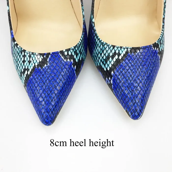 Womens Blue Snake Printed High Heels 12cm/10cm/8cm Pointed Toe Pumps