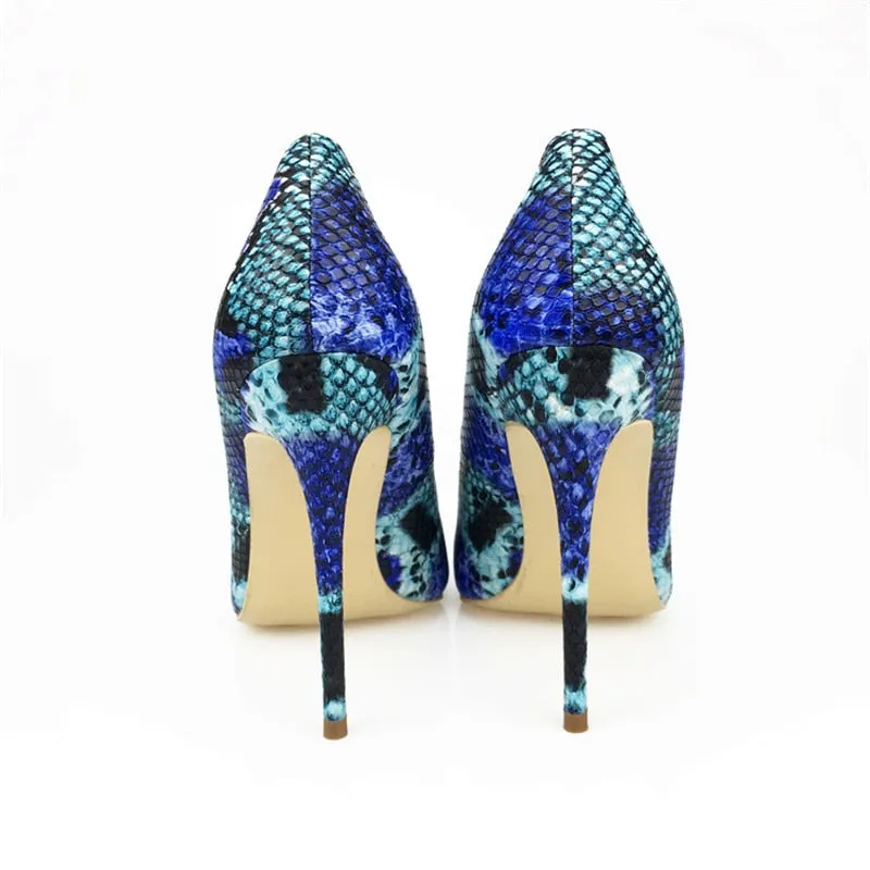 Womens Blue Snake Printed High Heels 12cm/10cm/8cm Pointed Toe Pumps