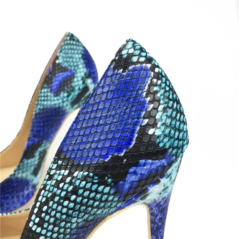 Womens Blue Snake Printed High Heels 12cm/10cm/8cm Pointed Toe Pumps
