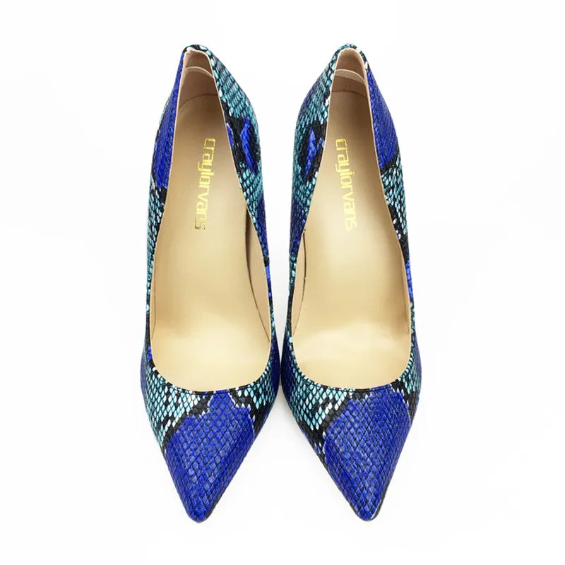 Womens Blue Snake Printed High Heels 12cm/10cm/8cm Pointed Toe Pumps