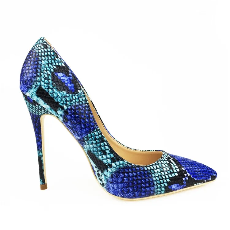 Womens Blue Snake Printed High Heels 12cm/10cm/8cm Pointed Toe Pumps