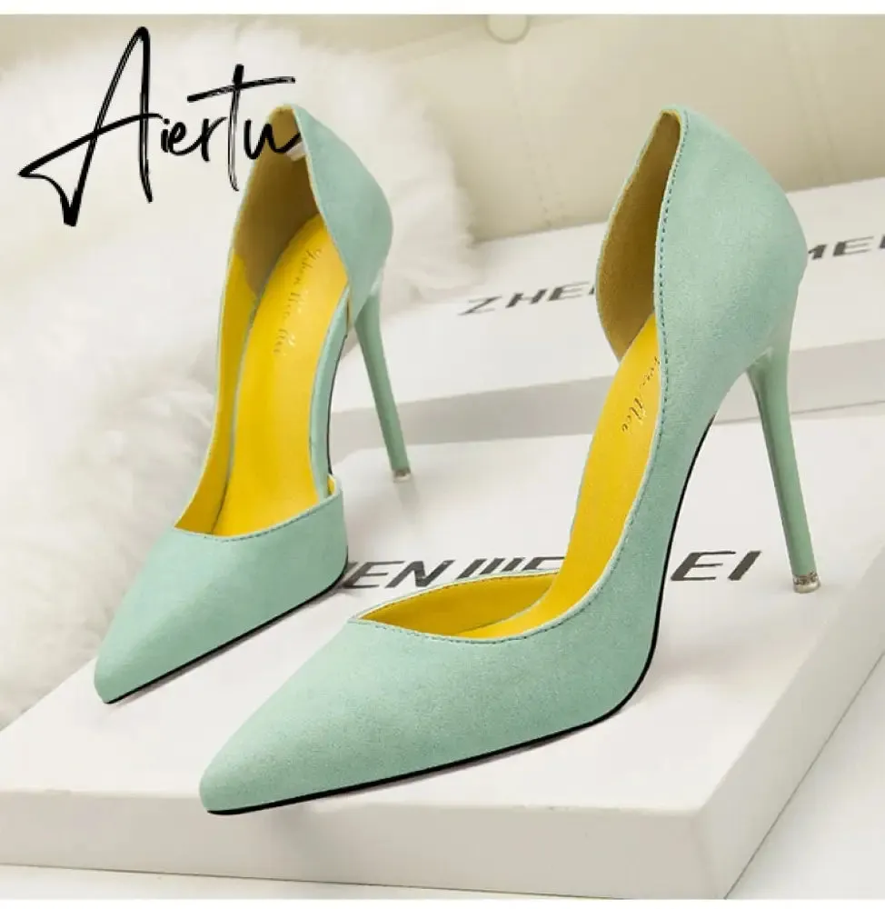 Women's Pumps Suede High Heels Female Pointed Toe Office Shoes Stiletto Women Pumps Shoes On Heels 10 cm Solid Party Shoes Lady