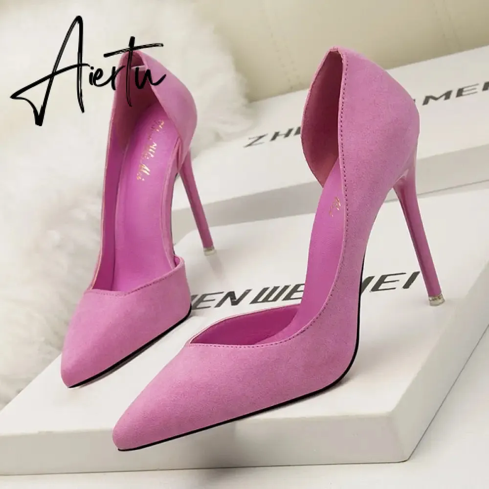 Women's Pumps Suede High Heels Female Pointed Toe Office Shoes Stiletto Women Pumps Shoes On Heels 10 cm Solid Party Shoes Lady