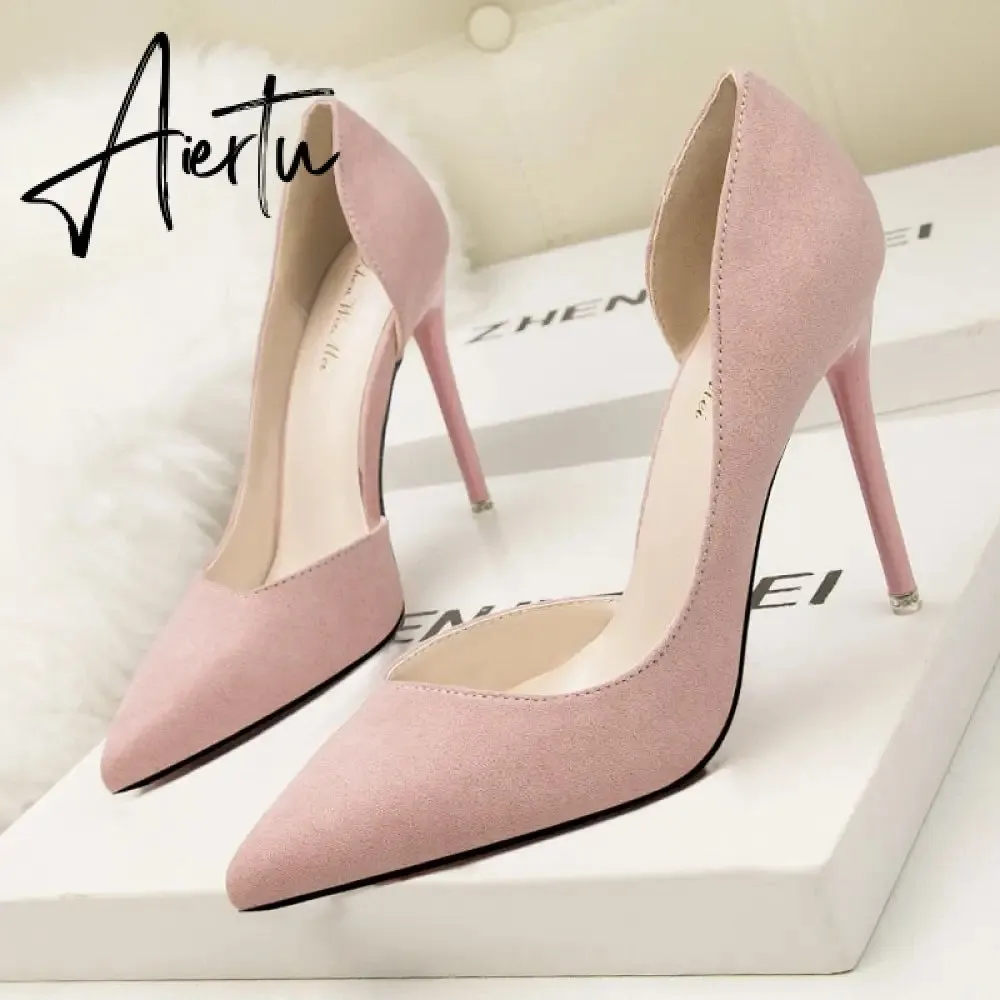 Women's Pumps Suede High Heels Female Pointed Toe Office Shoes Stiletto Women Pumps Shoes On Heels 10 cm Solid Party Shoes Lady