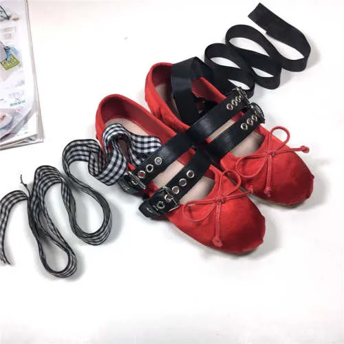 xiangtuibao Womens Pumps Flat Shoes Retro Comfort Satin Denim Buckle Ballet Dancing Flats Casual Riband Girls 10Colors New
